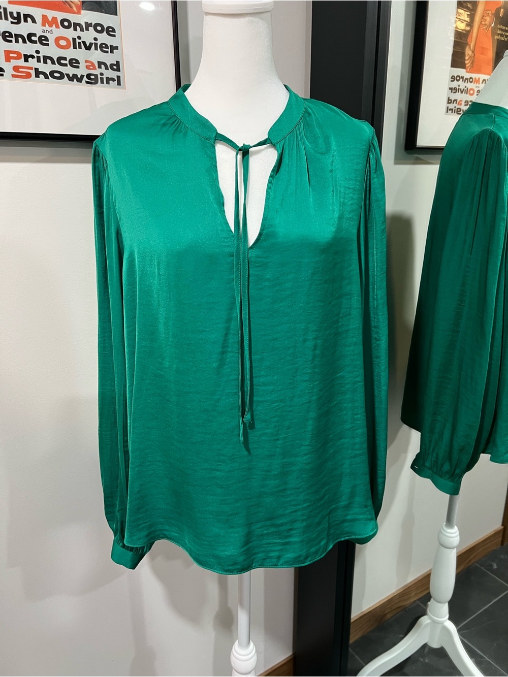 Maison d'Amélie for Anthropologie Emerald Green Satin Tie-Neck Blouse
M